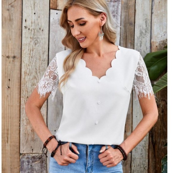 Tops - Women - Blouses Contrast Lace Solid Elegant